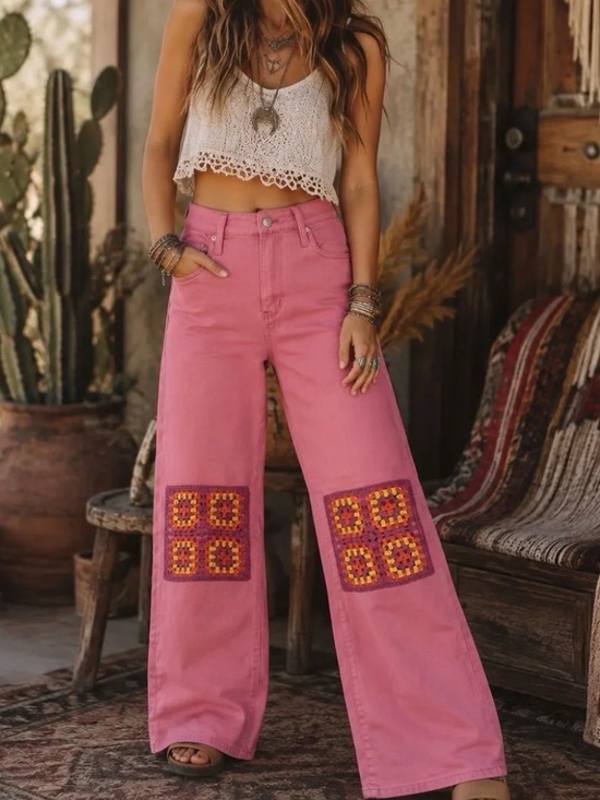 Judy Blue Denim - Judy Blue Dusty Pink Crochet patch Wide Leg Jeans